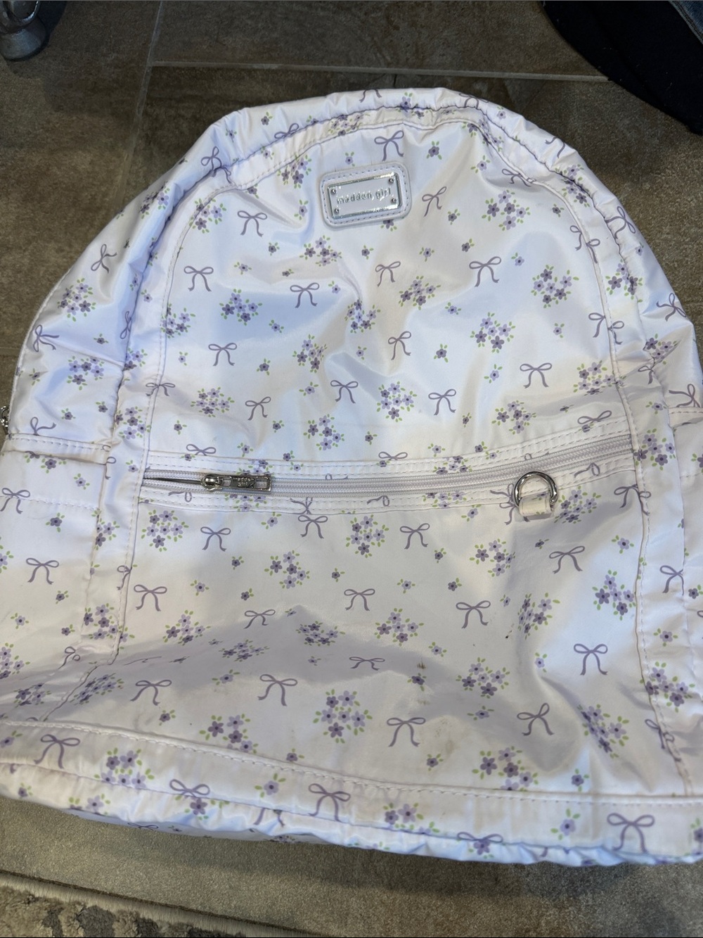 Backpack Kids Floral Bow Print Bottoms - White with Lavender Pattern